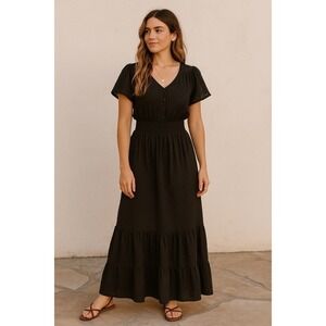 Women Gold Black MIDI Dress Medium Black Print Ruffle Trim V Neck Bohemian